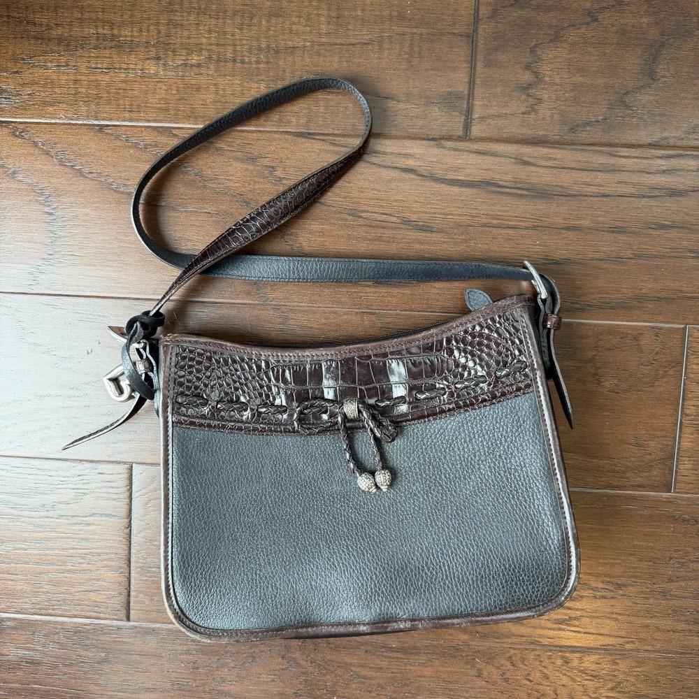 Vtg Brighton Emma Braided‎ Bow Black Brown Croc Leather Shoulder Handbag